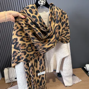 Women Leopard Print Long Scarf Soft Imitation Cashmere Winter Warmer Tassels Shawl American Fashion Trendy Wrap