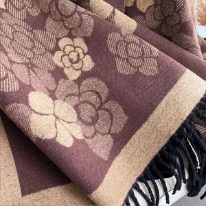 Double-sided camellia pattern shawl scarf with burgundy fringe for winter warmth