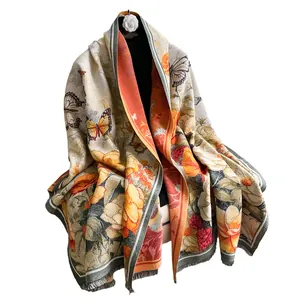 Elegant thick butterfly and floral cashmere shawl with tassel edges and contrast borders