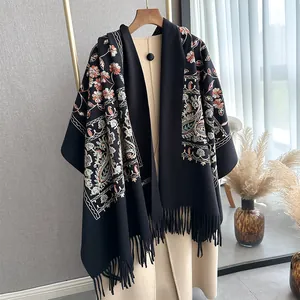 Ethnic Embroidered Faux Cashmere Scarf For Women Vintage Floral Paisley Pattern Warm Winter Shawl With Long Tassels Wrap