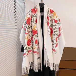 Écharpe Vintage en Imitation Cachemire Pour Femmes Avec Broderie de Fleurs de Grenade Et Longues Franges Châle Chaud Hiver