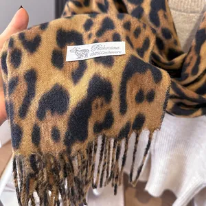 Classic leopard print cashmere scarf for women with fringe edge in khaki and black