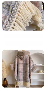 Détail d'un poncho à carreaux avec franges beiges et col en fausse fourrure à paillettes