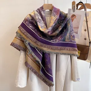 Artistic oil painting style purple and yellow thick shawl with fine tassel detail