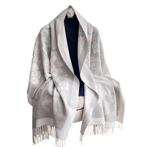 Elegant grey camellia pattern double-sided faux cashmere shawl with tassel trim