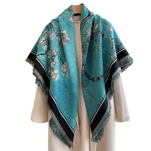Artistic blue cashmere-feel shawl with van Gogh style almond blossom print and fringes