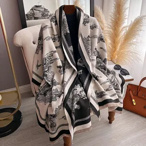 Écharpe Vintage Toile De Jouy Imprimé Paysage Femme Hiver Chaud Châle En Imitation Cachemire Avec Franges Mode