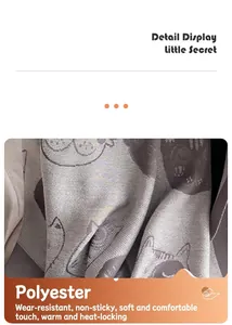 Detailed macro view of gray-purple polyester fabric with funny cartoon cat pattern