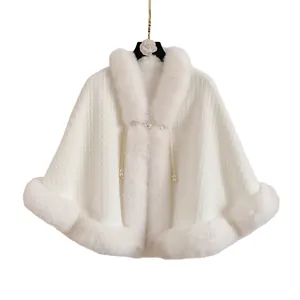 Elegant white knitted shawl with faux fur trim and pearl ties for traditional hanfu outfits