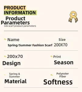 Detailed spec chart of the 200x70cm polyester silk scarf with floral print pattern