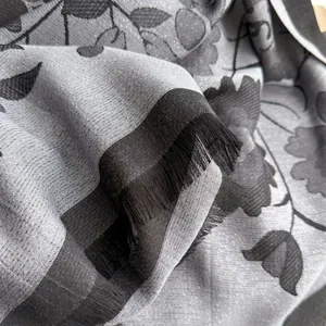 Elegant floral silk cotton scarf with silver grey contrast and black fringe tassels