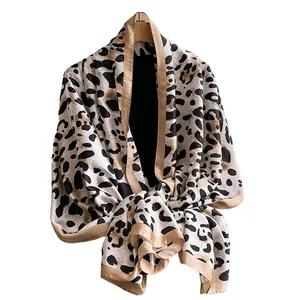Elegant leopard print silk shawl for women with champagne satin borders for beach or formal wear