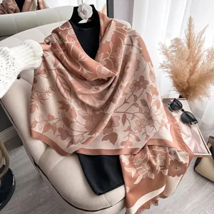 Dual-sided Tencel cotton scarf with jacquard floral pattern and delicate fringe trim