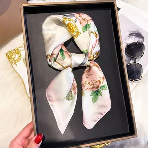 Elegant 70cm spring silk square scarf with pink peony and gold chain prints on white