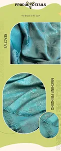 Detail of silk-feel scarf featuring turquoise floral print, glitter texture and fringe edges