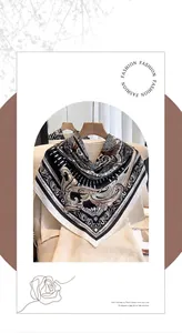 Detail of silk-like square scarf featuring classic baroque patterns and stripes