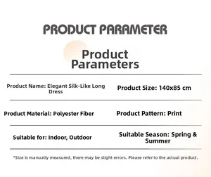Detailed size chart and material parameters for the silk-like printed maxi dress