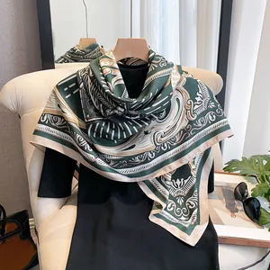 Luxurious faux silk square scarf for women with vintage dark green baroque print patterns