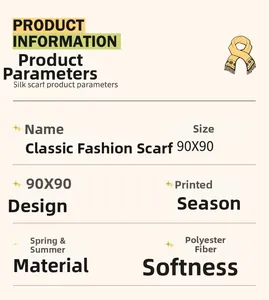 Detailed spec sheet for 90x90cm printed silk-feel polyester scarf for spring and summer