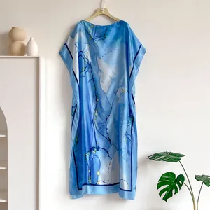Light blue Kaftan dress featuring abstract ink art prints and a loose relaxed fit
