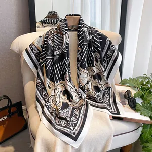 Women's Vintage Baroque Print Satin Square Scarf Elegant Geometric Striped Silk Like Shawl Fashion Multi Functional Hair Neck Wrap