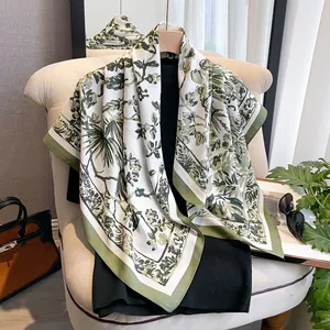 Women Elegant Botanical Floral Print Satin Square Scarf Silk Like Texture Sun Protection Beach Wrap Fashion Hair Accessory