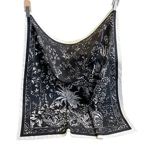 Fashionable black and white floral printed square silk scarf for women in summer