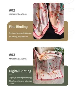 Detail of machine banding edges and digital floral print on beige square silk scarf