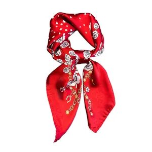 Elegant red silk square scarf with white roses, polka dots and golden chain patterns