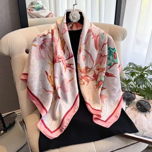 Elegant Floral Digital Print Simulation Silk Scarf For Women Large Square Satin Shawl Fashion Neck Wrap Accessories
