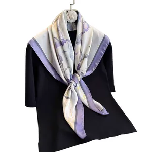 Digital print silk scarf with purple floral pattern and geometric stripes on white base
