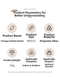 Detailed size and material chart for bohemian knit shawl made of polyester fiber