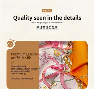 Detailed macro view of imitation silk scarf featuring tulip and golden chain patterns