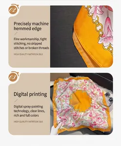 Detail of high quality imitation silk scarf with digital tulip print and rolled edges