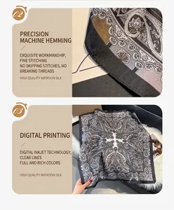 Detail of rolled edges and paisley print on 70cm silk scarf with decorative accessories