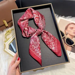 French style 70cm red silk scarf with white paisley patterns on a luxury tray