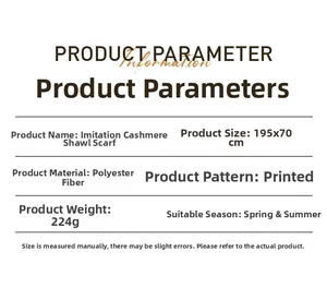 Detailed product specifications for paisley printed faux cashmere scarf made of polyester