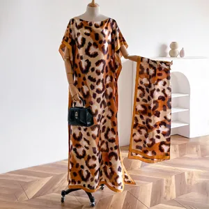 Women's silk-like leopard print maxi dress kaftan with matching scarf and elegant drape