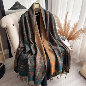 Retro paisley cashmere-feel thick scarf shawl with fringe tassels in vintage dark green