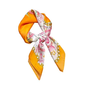 Elegant 70cm orange silk-like square scarf with floral print and gold chain pattern