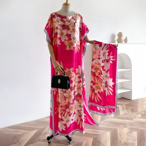 Women's Satin Kaftan Dress Set Elegant Floral Leopard Printed Loose Maxi Dress With Scarf For Vacation Party Commuter