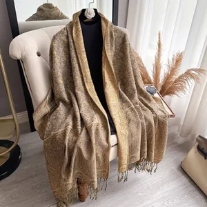 Golden brown paisley shawl with elegant fringes and vintage bohemian jacquard pattern