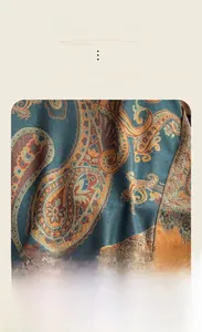 Macro detail of imitation cashmere scarf with intricate teal and orange paisley patterns