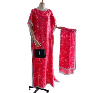 Elegant fuchsia faux silk kaftan maxi dress with silver abstract patterns and matching scarf