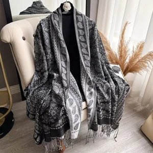 Retro paisley cashmere-feel scarf and bohemian shawl with tassel edges in black and grey