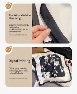 Détail d'un foulard en soie synthétique montrant l'ourlet machine et l'imprimé floral