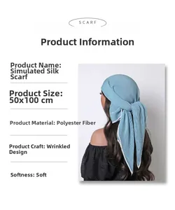 Detail view of blue-gray pleated sheer scarf texture and polyester fabric quality