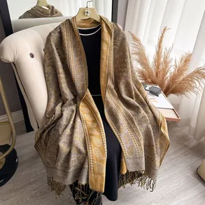 Retro golden paisley cashmere-like thick shawl scarf for winter travel fashion