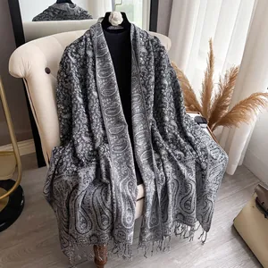 Classic grey and black paisley jacquard shawl scarf with tassel fringes for women
