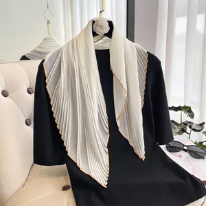 Women French Style Pleated Satin Square Scarf Elegant Solid Color Neck Scarf For Daily Commuting With Contrast Border